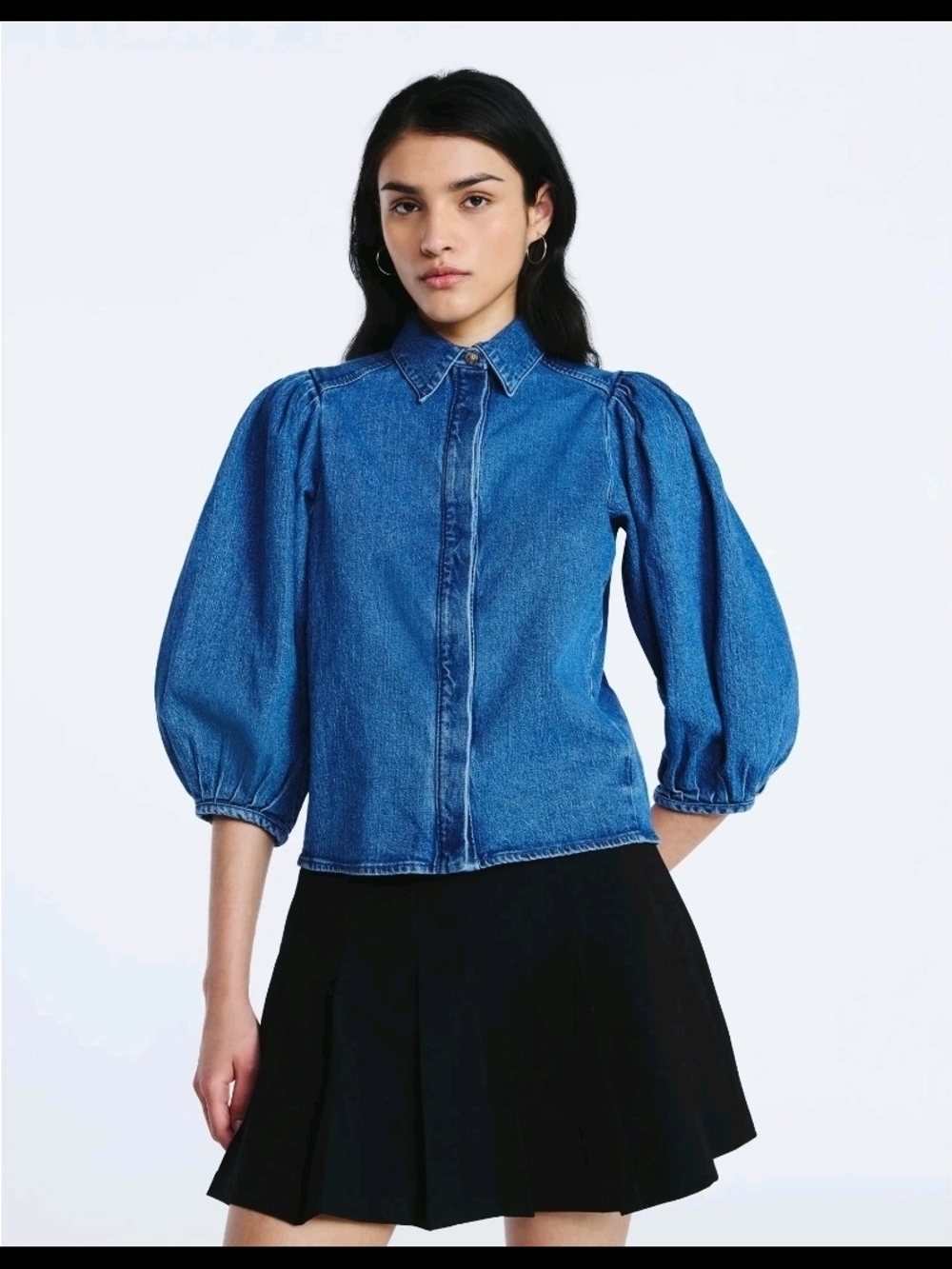 Denim Puff-Sleeve Button-Down Shirt - Blue